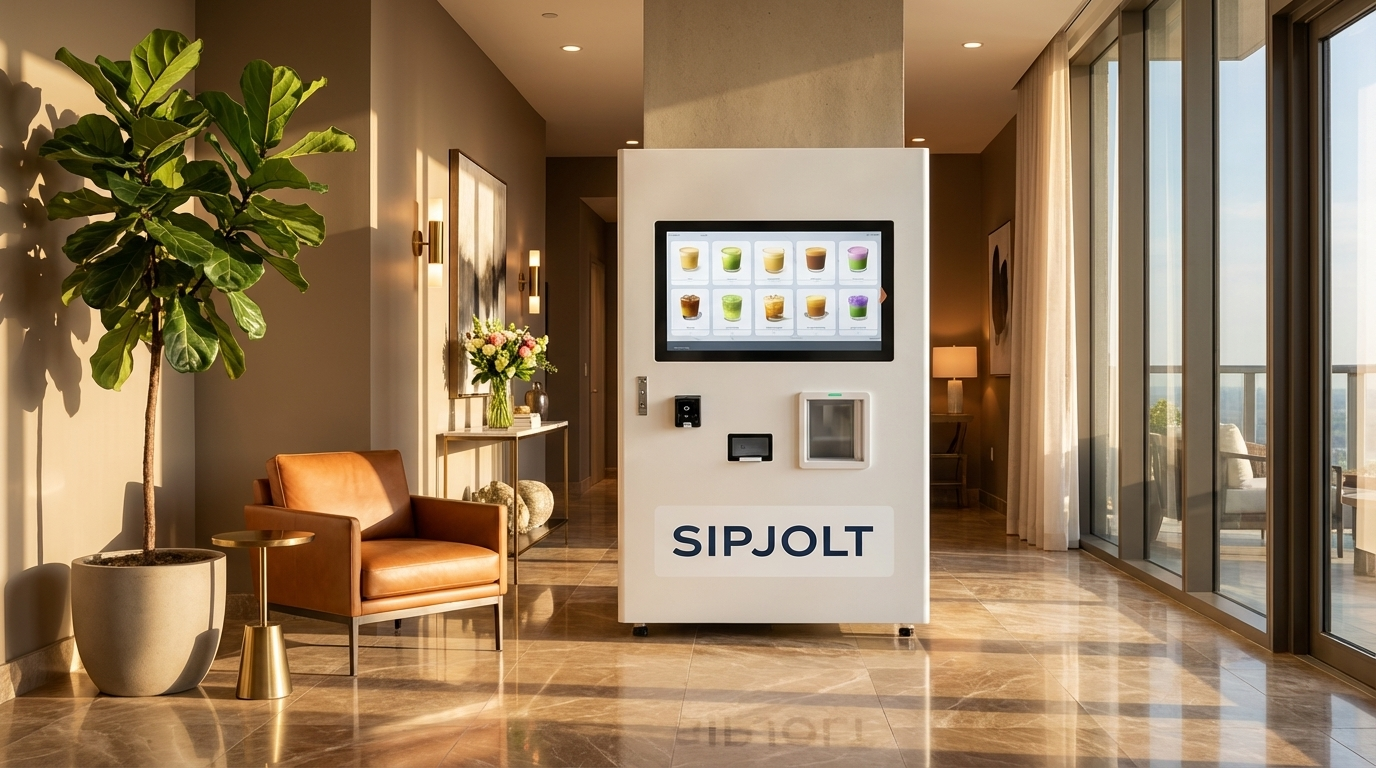 SIPJOLT kiosk in a modern apartment lobby