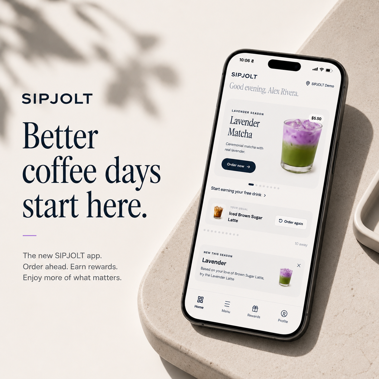 The new SIPJOLT app — order ahead and earn rewards. Better coffee days start here.