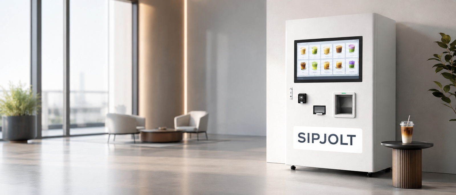 A SIPJOLT machine in a sunlit modern lobby with floor-to-ceiling windows