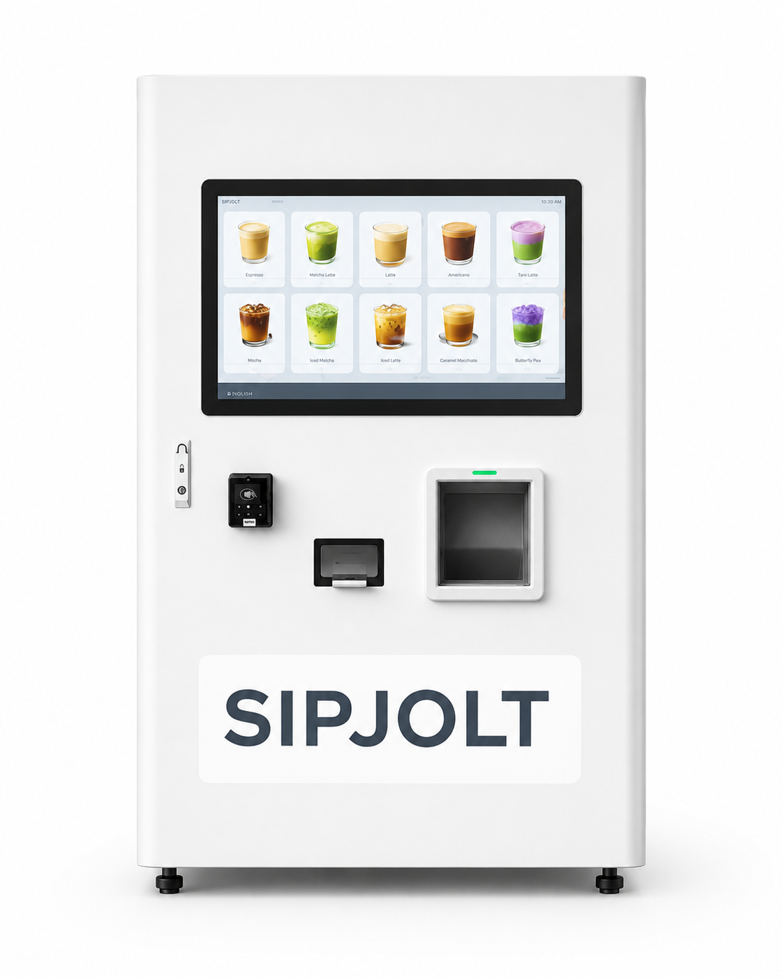 The SIPJOLT automated café machine — touchscreen menu, contactless payment, and serving hatch